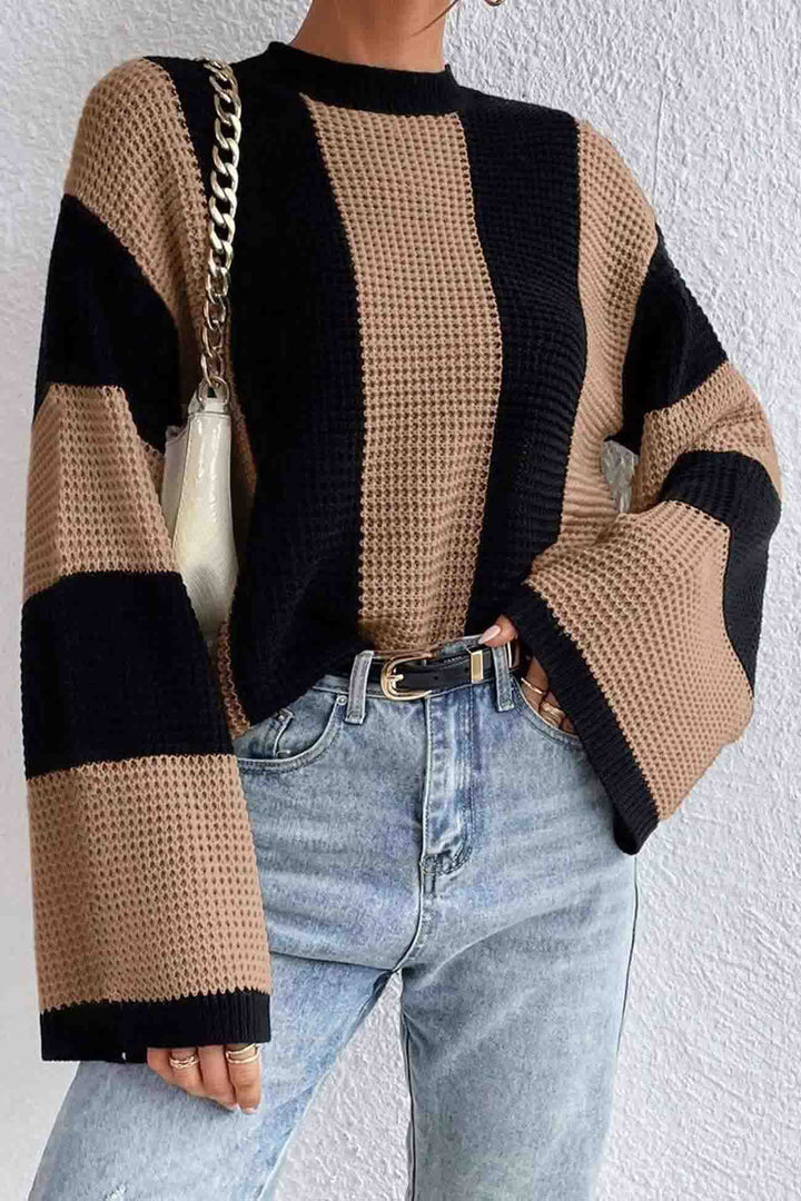 Colorblock Striped Long Sleeve Knitted Sweater Khaki · S