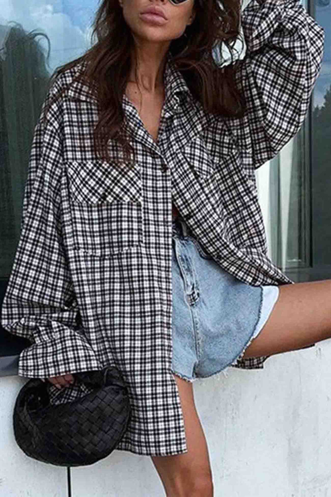 Plaid Drop Shoulder Lantern Sleeve Long Blouse Plaid · S