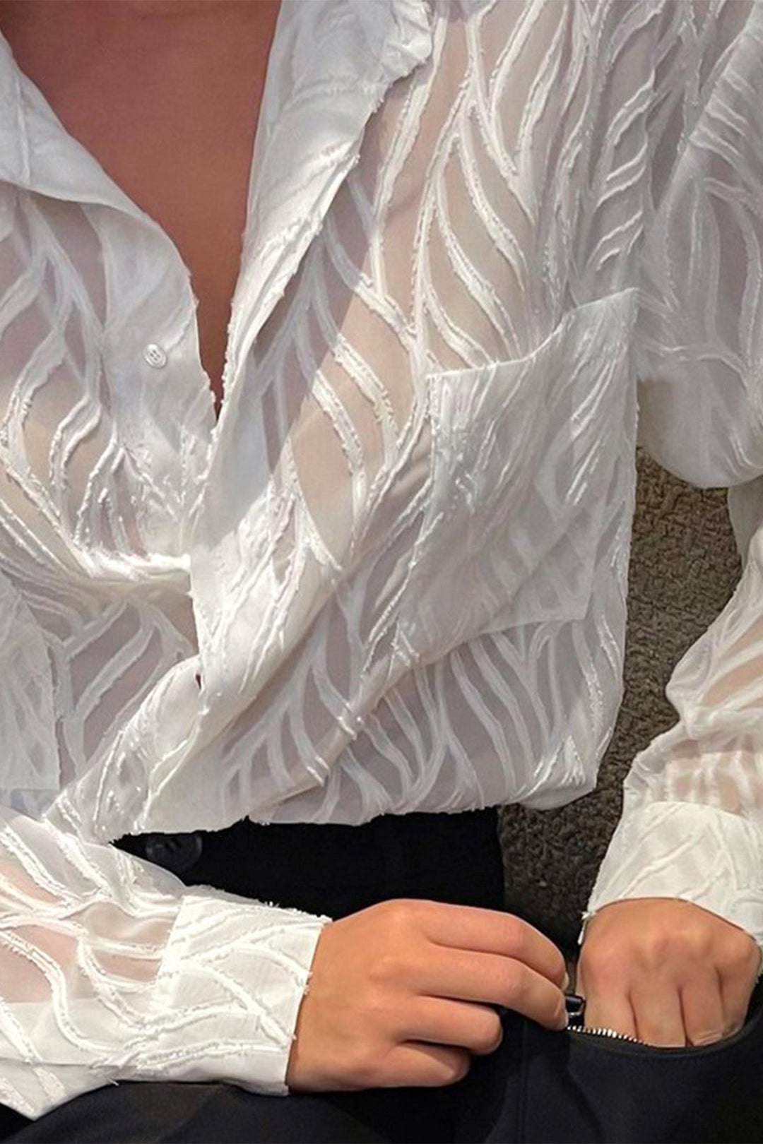 Sheer Textured Button-Up Long Sleeve Blouse White · S