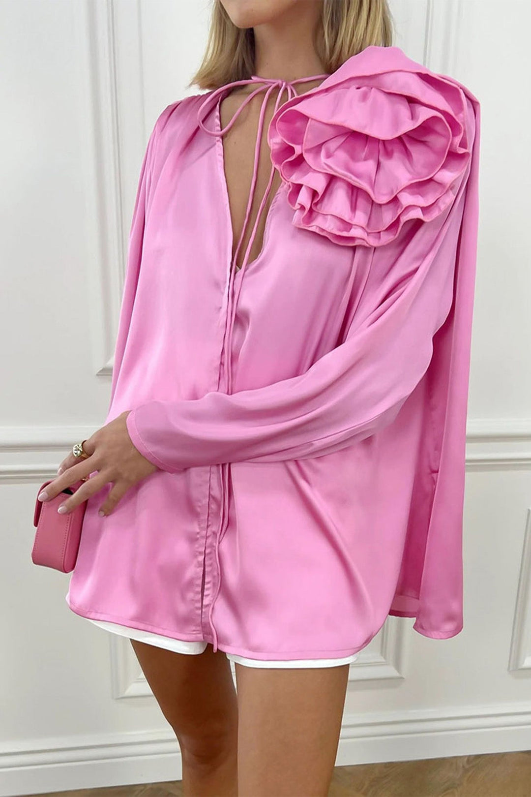 Pink V Neck Ruched Floral Lace-Up Blouse Pink · S
