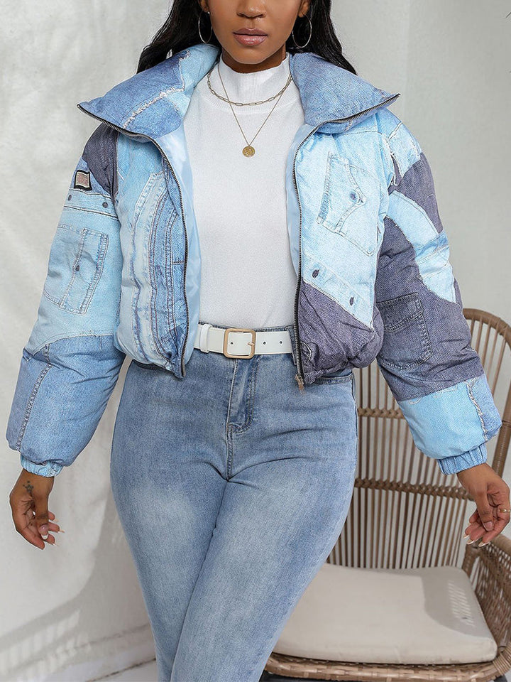 Denim Printed Puffer Jacket Blue / M