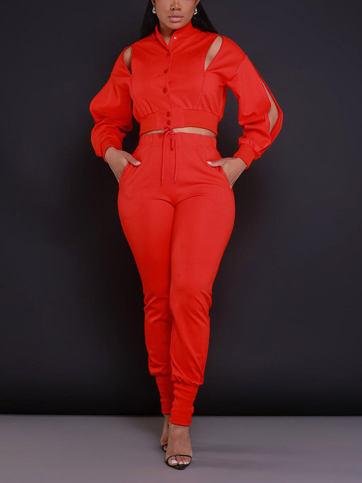 Zipper Crop Jacket Jogger Set Rose / S