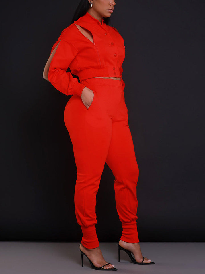 Zipper Crop Jacket Jogger Set Rose / M