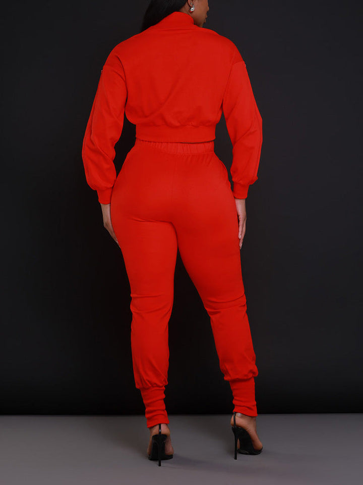 Zipper Crop Jacket Jogger Set Rose / L