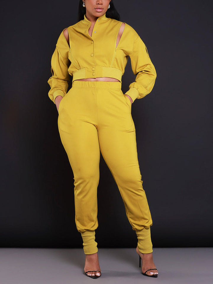Zipper Crop Jacket Jogger Set *Black / XL