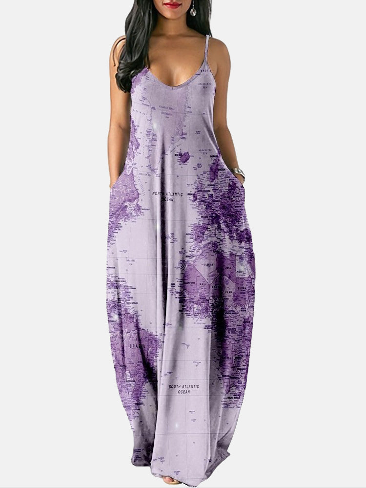 Casual Map Print Spaghetti Strap Maxi Dress Blue / 3XL