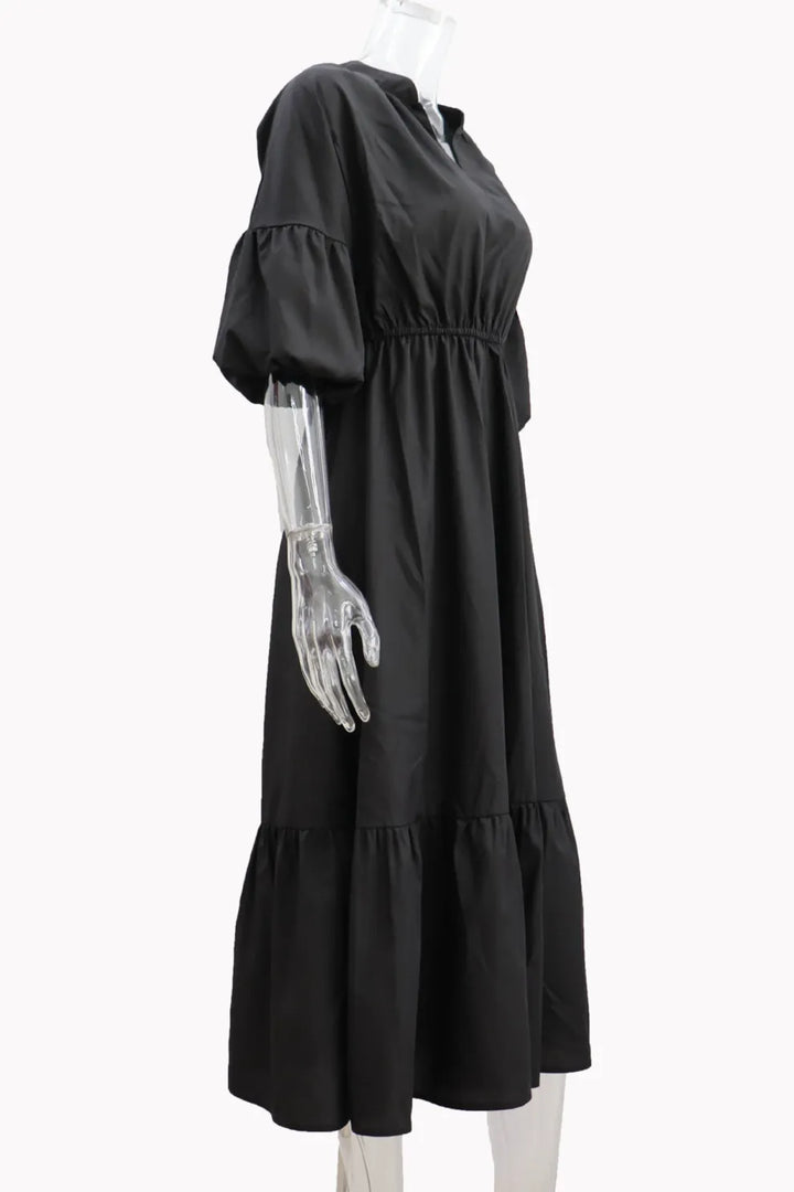 Half Sleeve V Neck High Waist Midi Dress