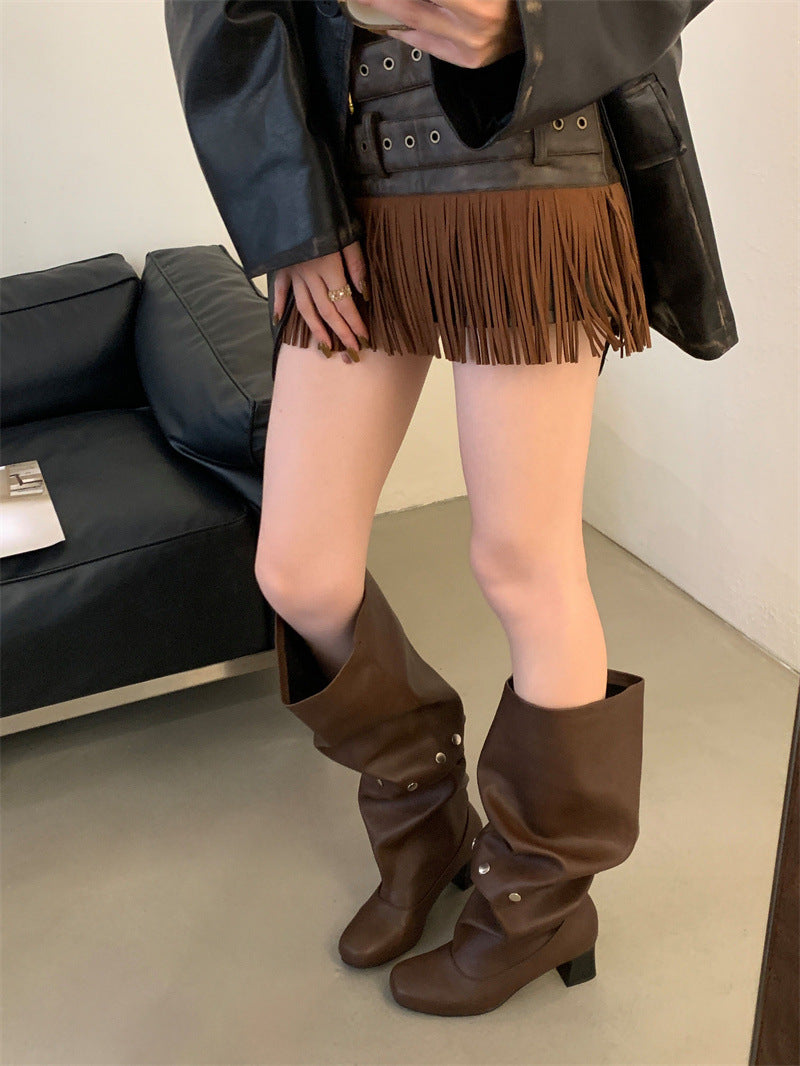 Riveted Detachable Round-Toe Long Boots