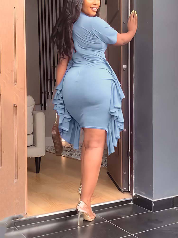 Solid Color Ruffle Bodycon Dress Blue / XL