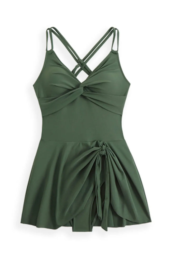 Twist Front Crossover Skirted One-Piece Swimsuit