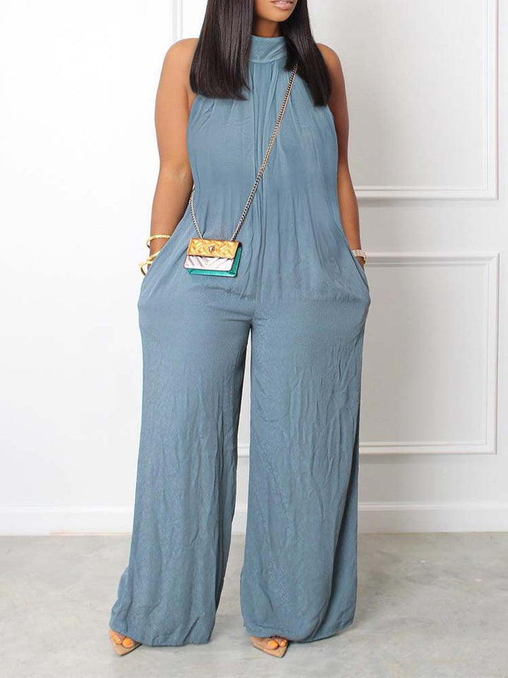 Halter Sleeveless Wide Leg Jumpsuit Blue / S