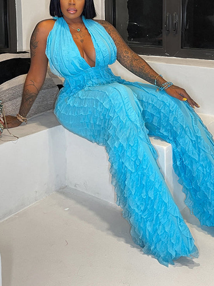 Halter V Neck Fringe Jumpsuit Sky Blue / XL