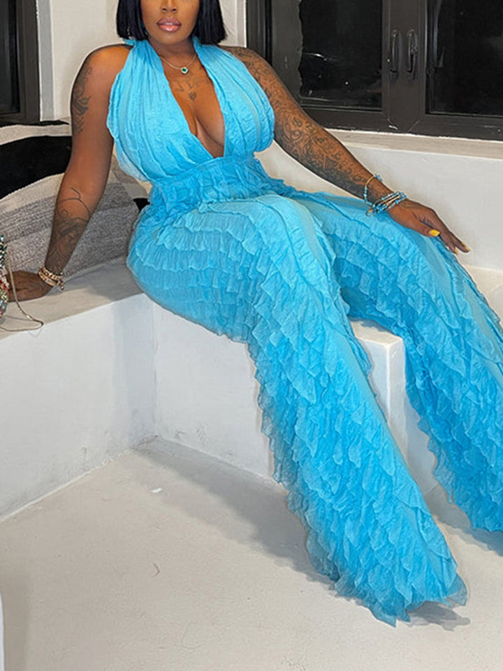 Halter V Neck Fringe Jumpsuit Sky Blue / XL