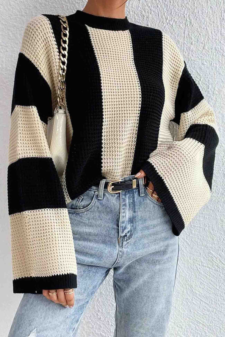 Colorblock Striped Long Sleeve Knitted Sweater Beige · M