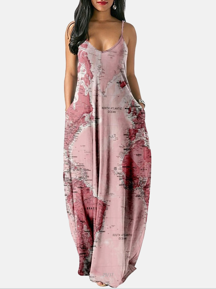 Casual Map Print Spaghetti Strap Maxi Dress Blue / M