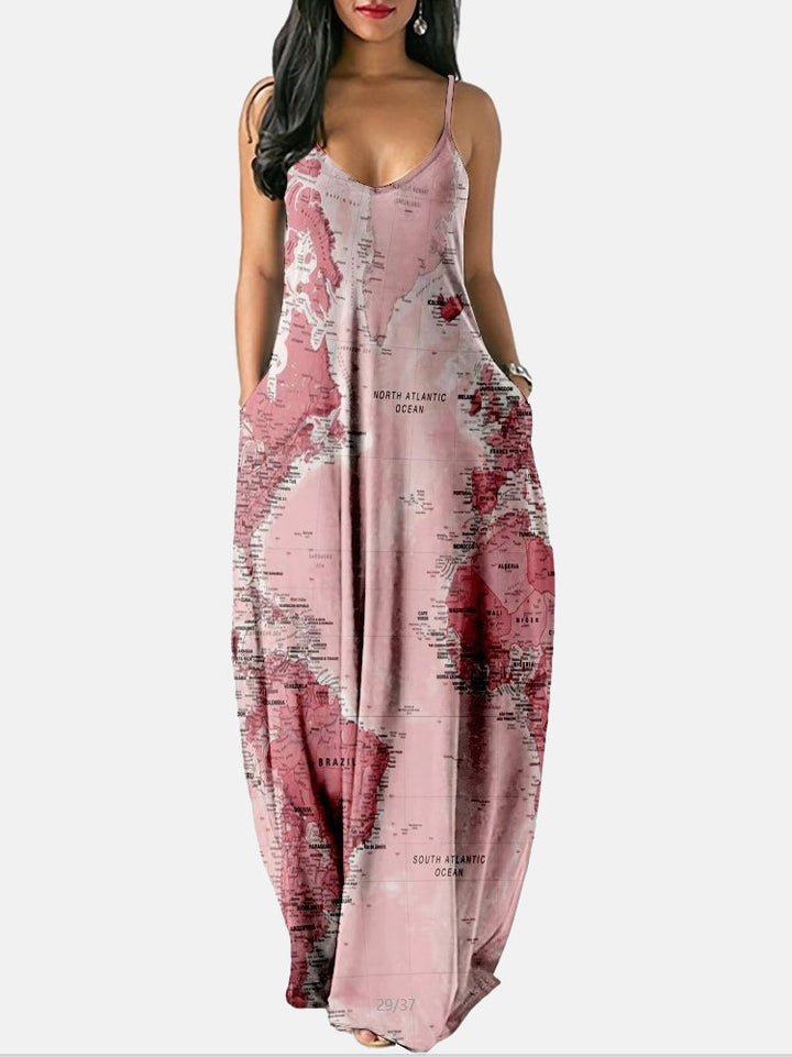 Casual Map Print Spaghetti Strap Maxi Dress Blue / M