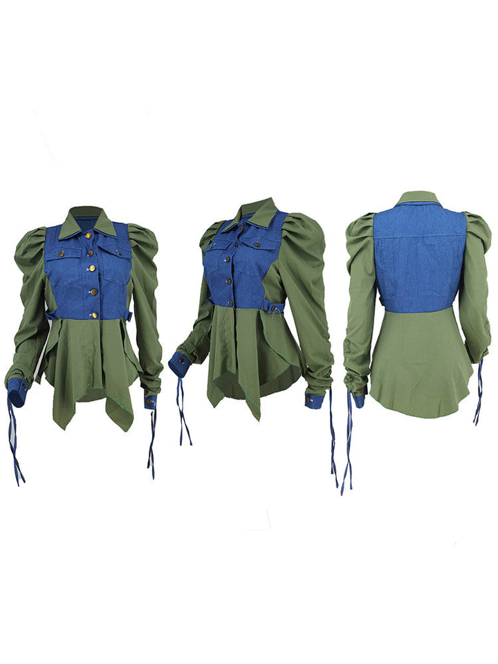 Denim Patchwork Asymmetrical Top Green / L