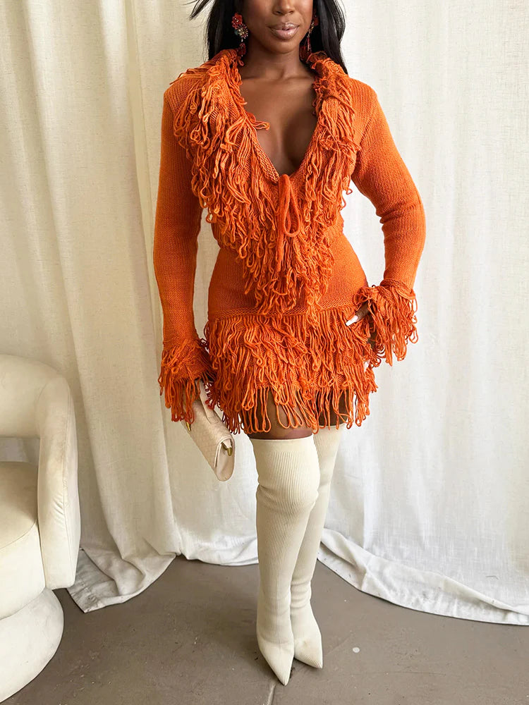 Fringe Knit Sweater & Skirt Set