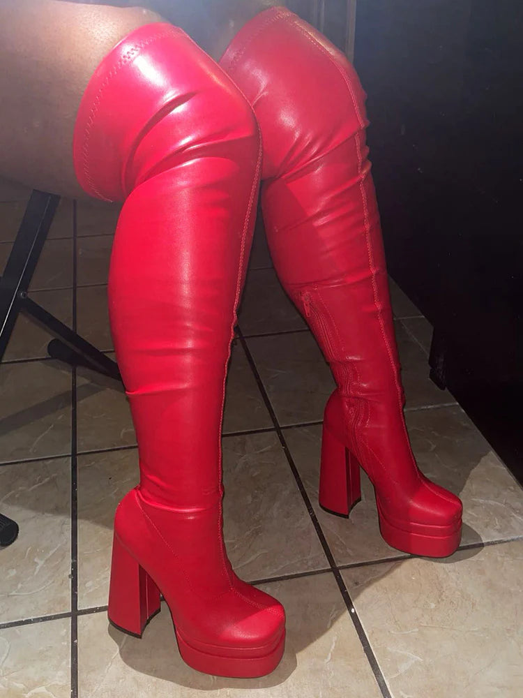 PU Platform Heel Thigh High Boots
