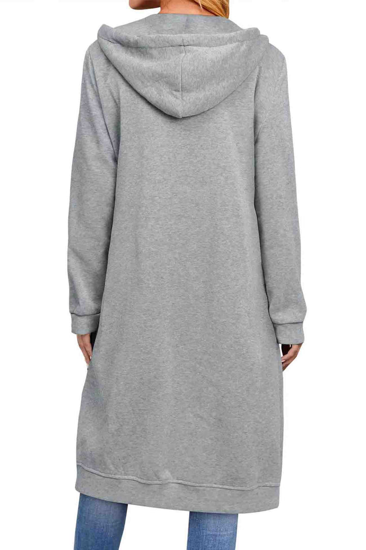 Solid Zip Up Drawstring Hooded Long Cardigan Grey · S