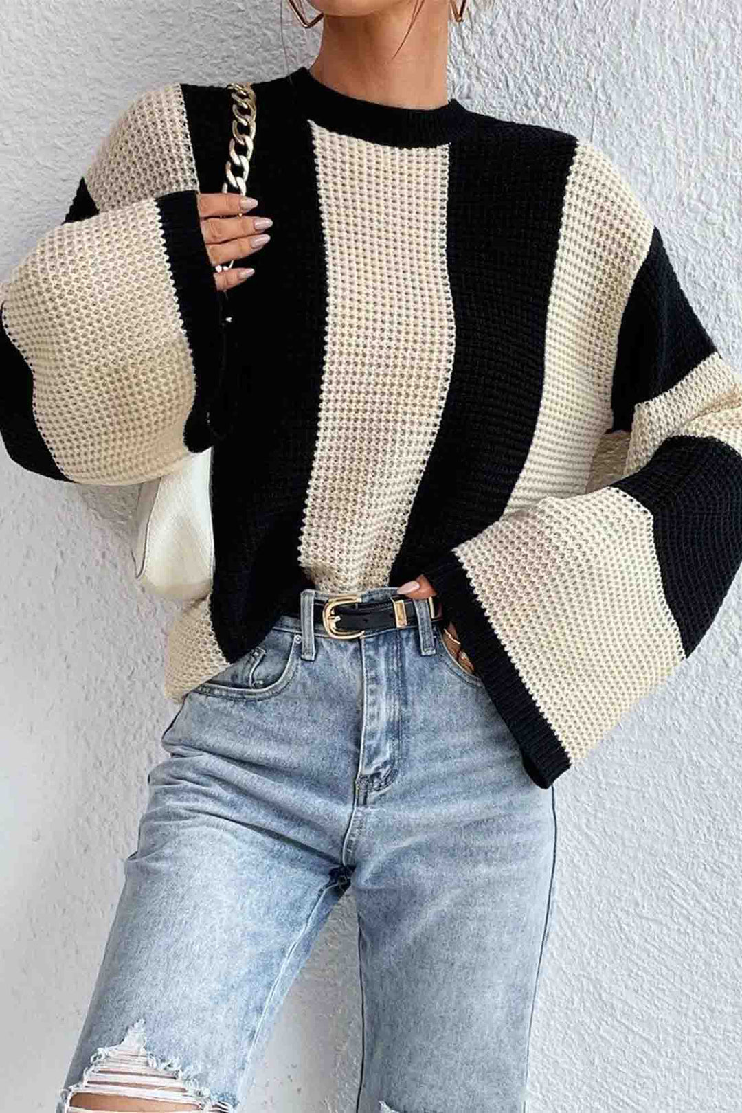 Colorblock Striped Long Sleeve Knitted Sweater Beige · S