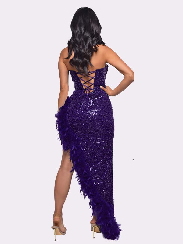 Sequin Feather Trimmed Dress Blue / XL