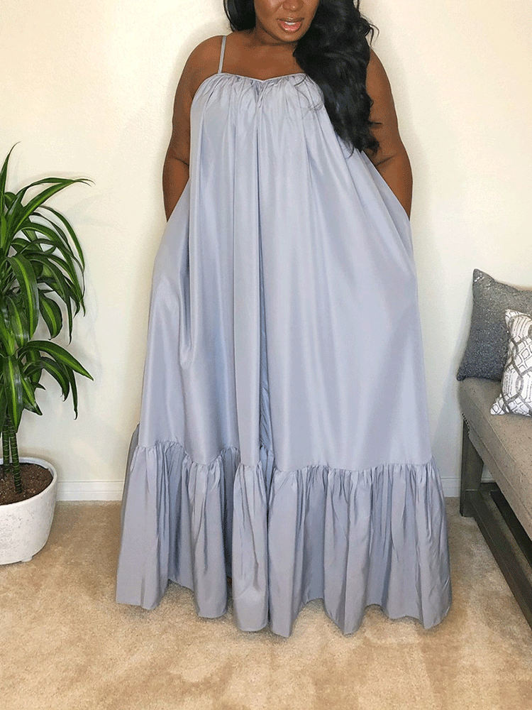 Spaghetti Strap Ruffle Maxi Dress Black / 5XL