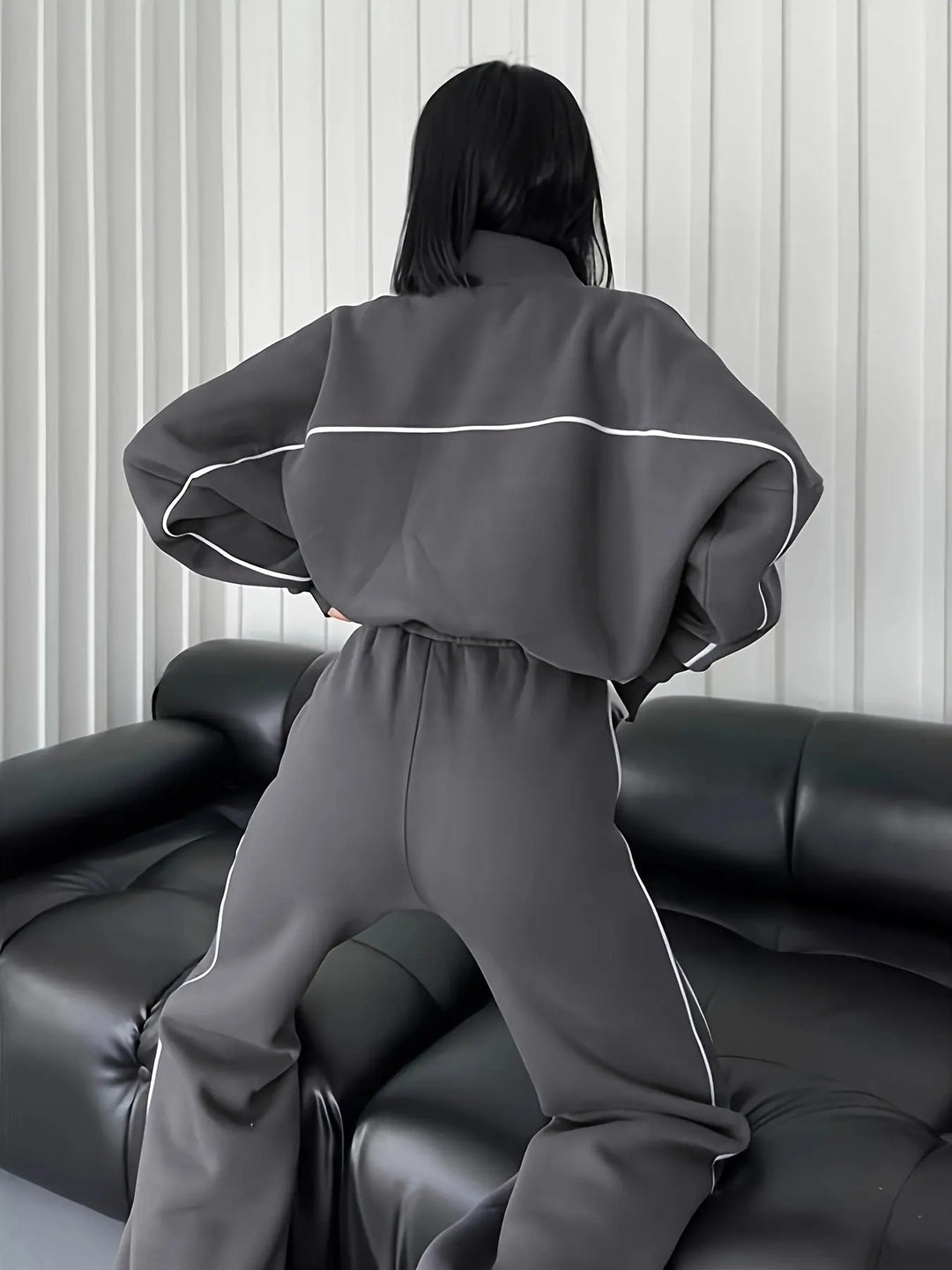 Fashion Turtleneck Cardigan Striped Sweatshirt Set