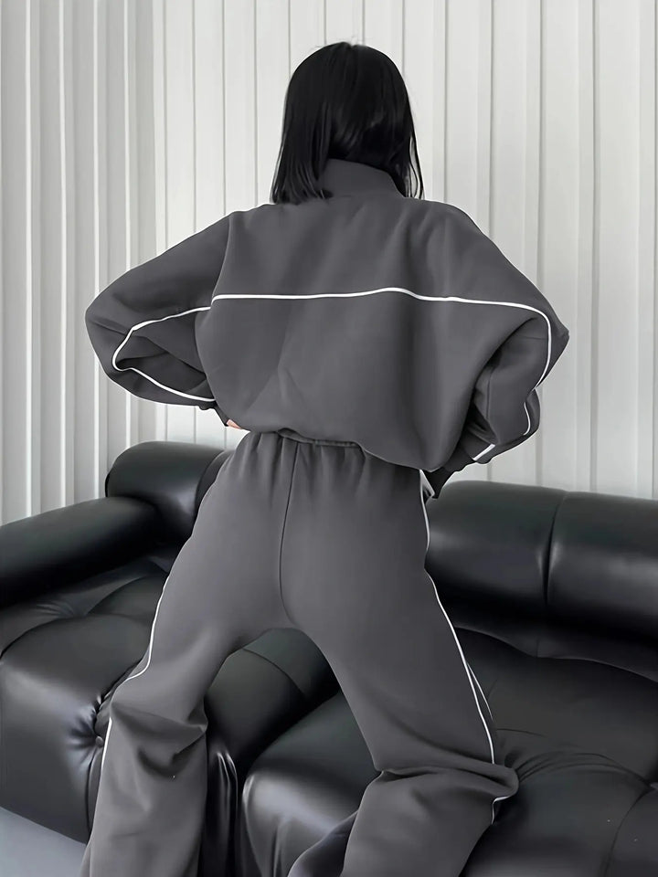 Fashion Turtleneck Cardigan Striped Sweatshirt Set