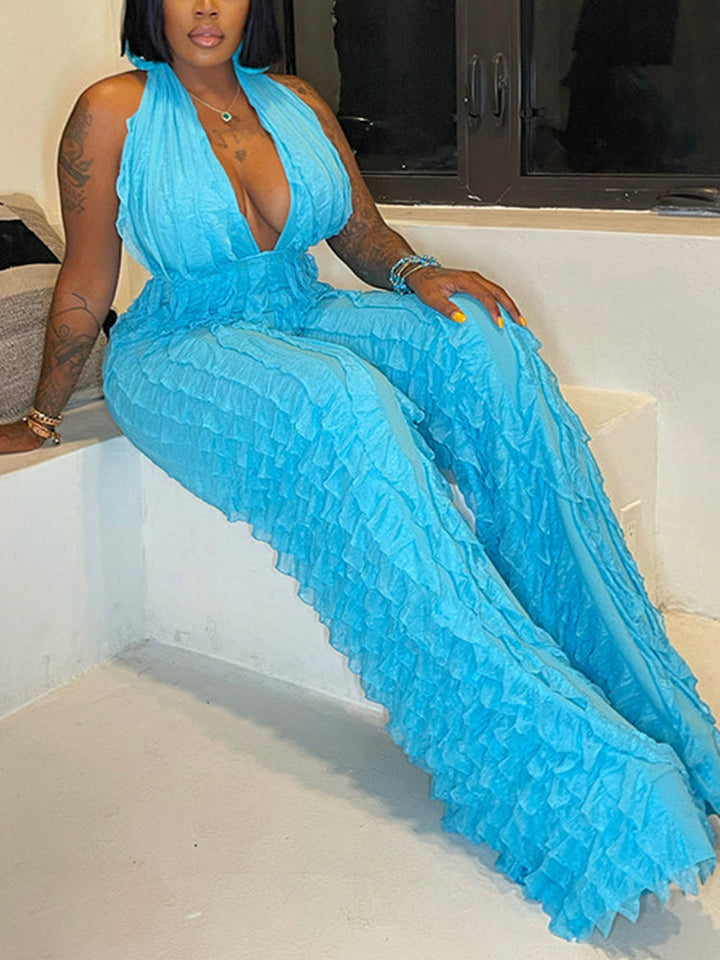 Halter V Neck Fringe Jumpsuit Sky Blue / L