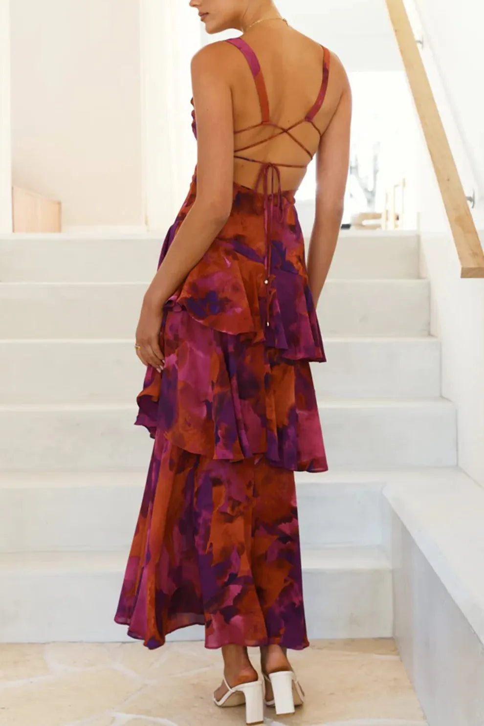 Floral Print Tie up Back Chiffon Tiered Dress