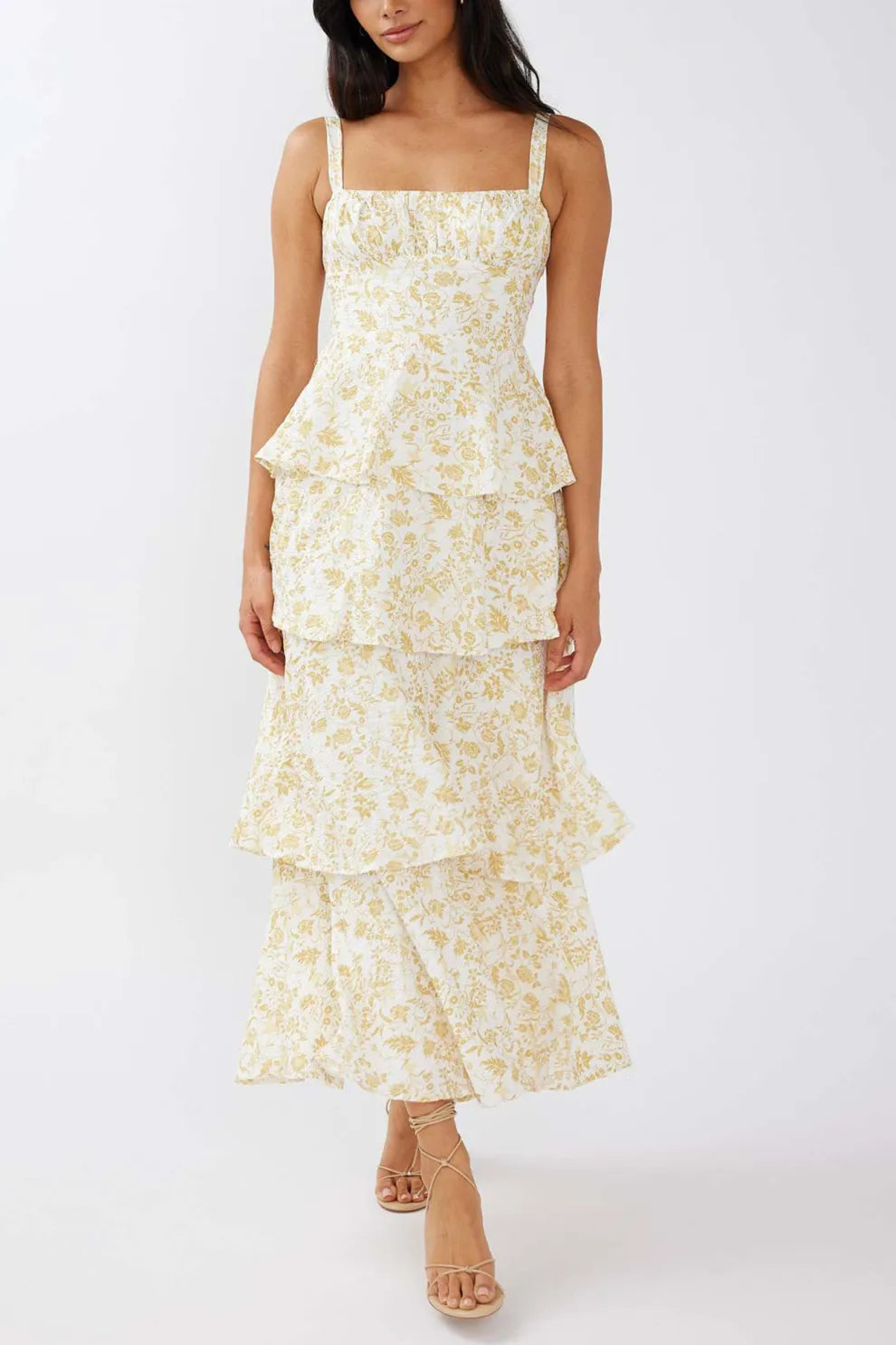 Floral Print Tie up Tiered Midi Dress