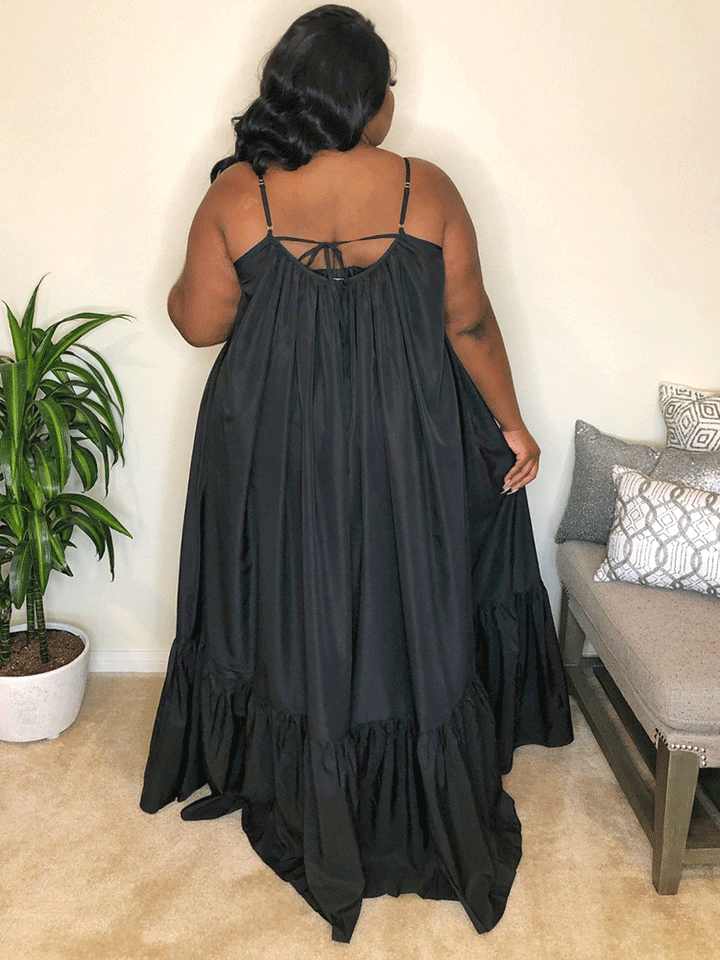 Spaghetti Strap Ruffle Maxi Dress Black / 4XL