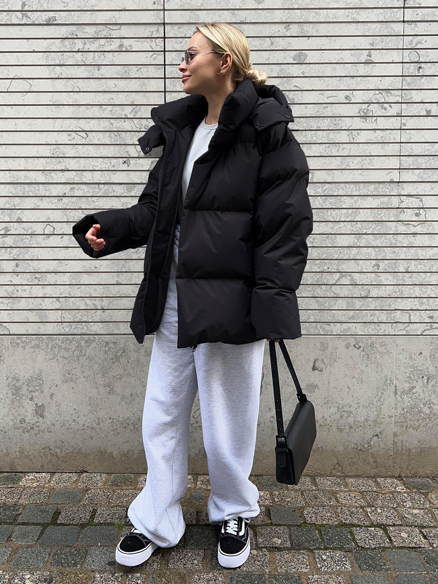 Loose Solid-Color Hooded Cotton Jacket