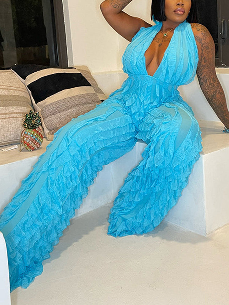 Halter V Neck Fringe Jumpsuit Sky Blue / 2XL