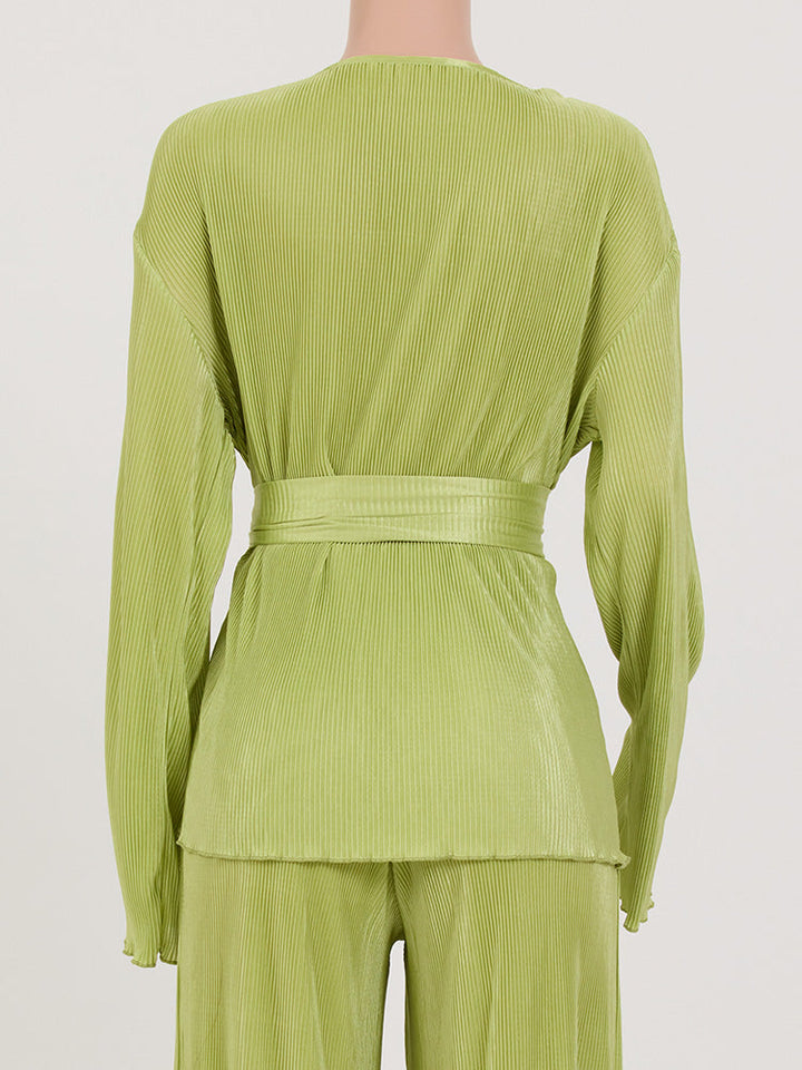 Belted Top Pleated Pants Set Green / XL