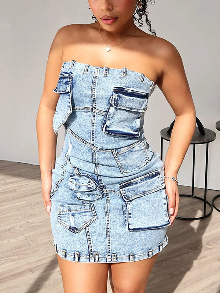 Strapless Denim Cargo Dress Blue / M