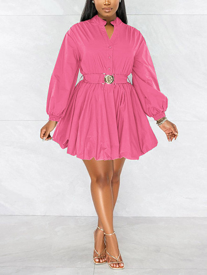 Belted Puffy Sleeve Solid Dress Black / 2XL