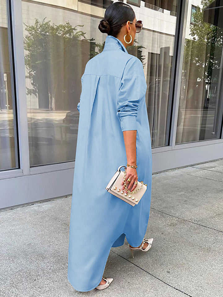 Solid Button Split Shirt Dress Khaki / L