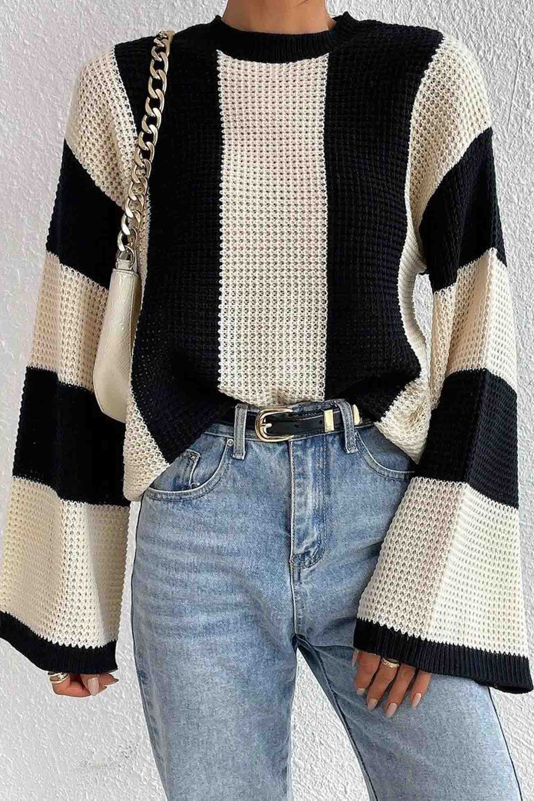 Colorblock Striped Long Sleeve Knitted Sweater Beige · L