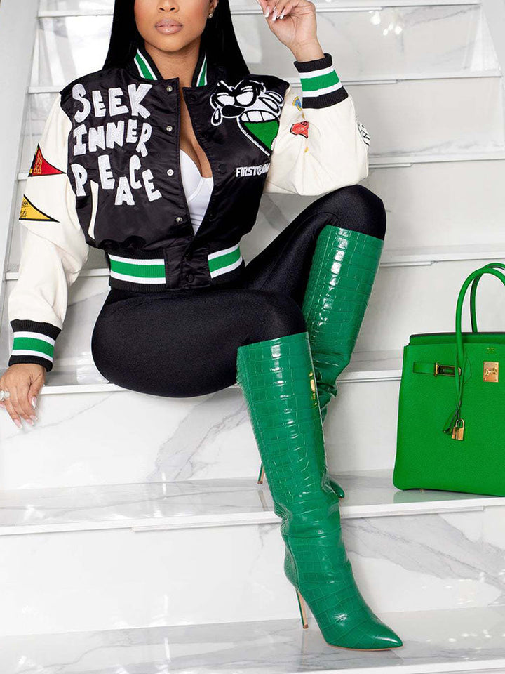 Letter Cropped Varsity Jacket Black / S