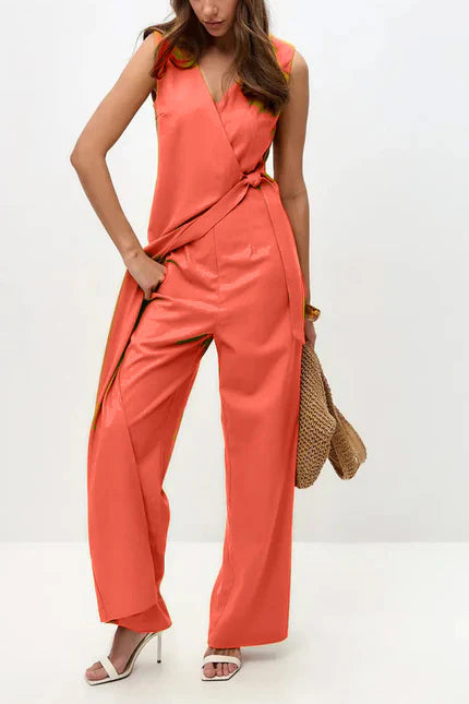 V Neck Zip-up Strappy Jumpsuit