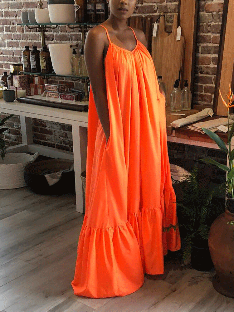 Spaghetti Strap Ruffle Maxi Dress Blue / 3XL