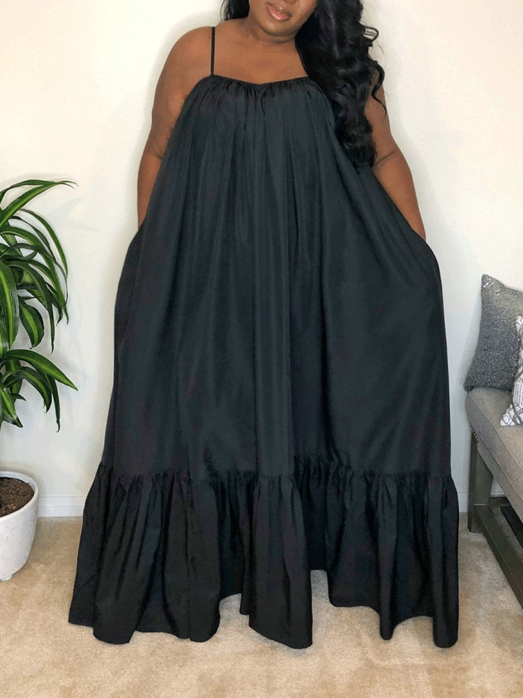 Spaghetti Strap Ruffle Maxi Dress Black / 3XL