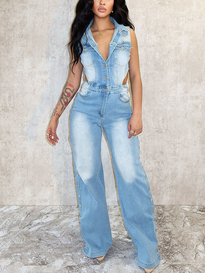 Snap It Out Wide Denim Jumpsuit Blue* / L