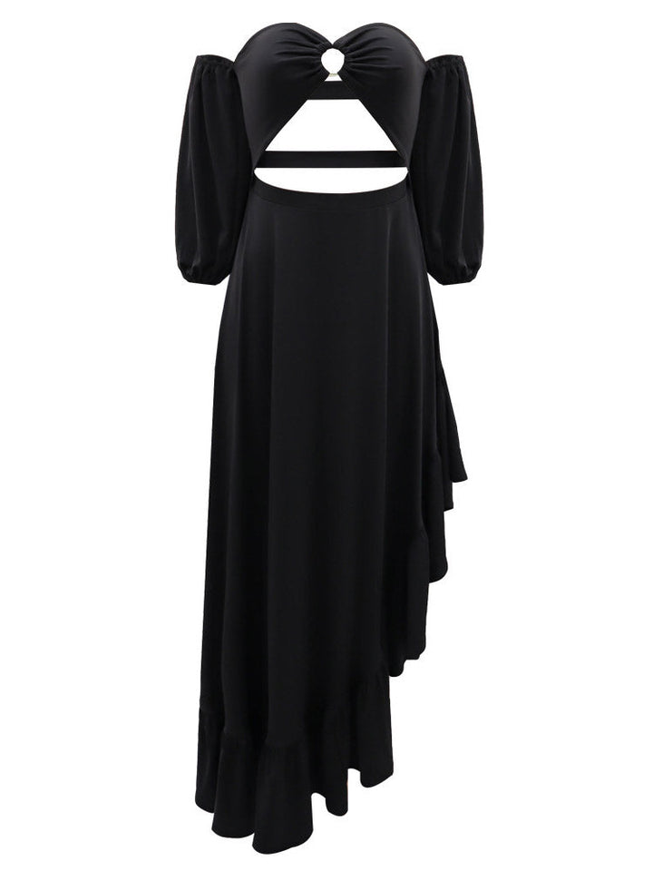 Asymmetrical Ruffle Slit Dress Black / M
