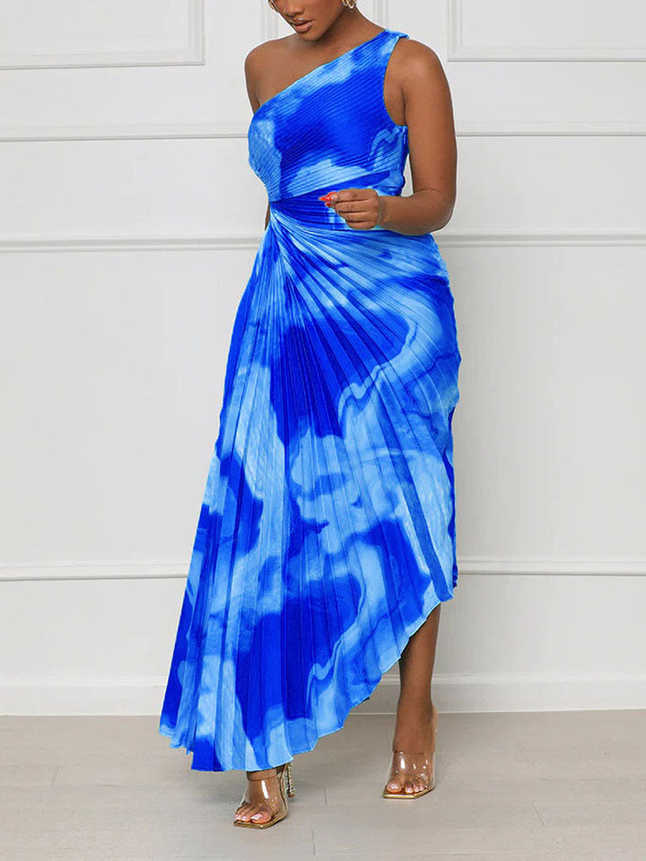 One Shoulder Pleated Dress Dark Blue / S