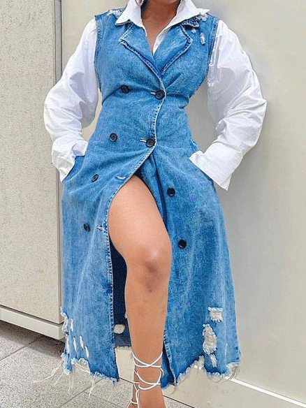 Denim Button Up Vest Dress Blue / XL