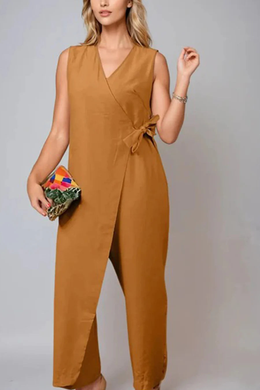 V Neck Zip-up Strappy Jumpsuit