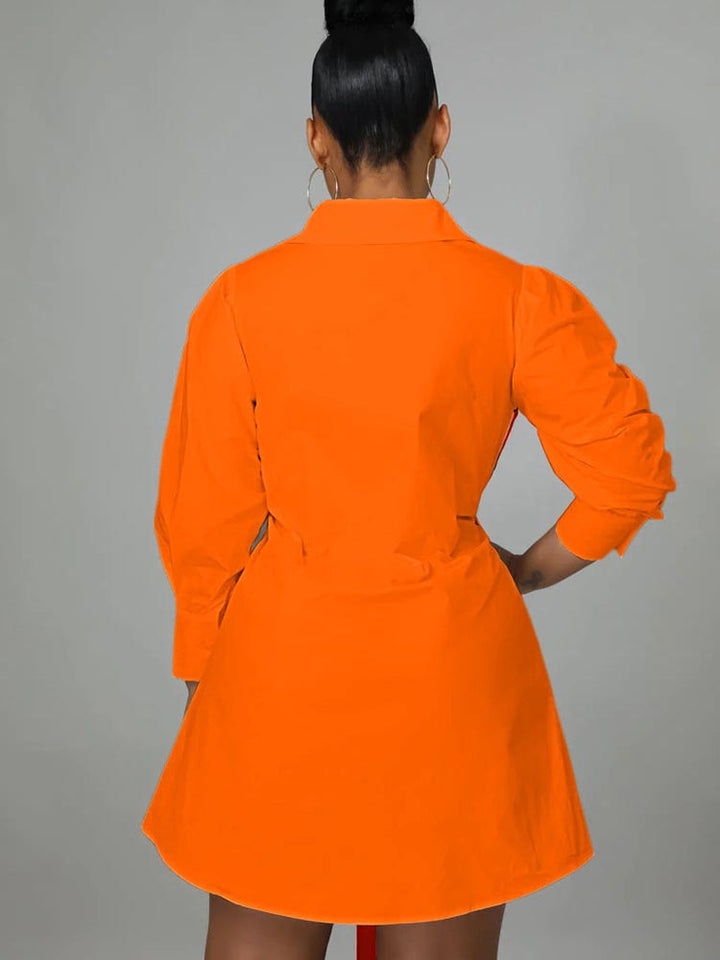 Patchwork Lace Up Shirt Dress Orange / 2XL